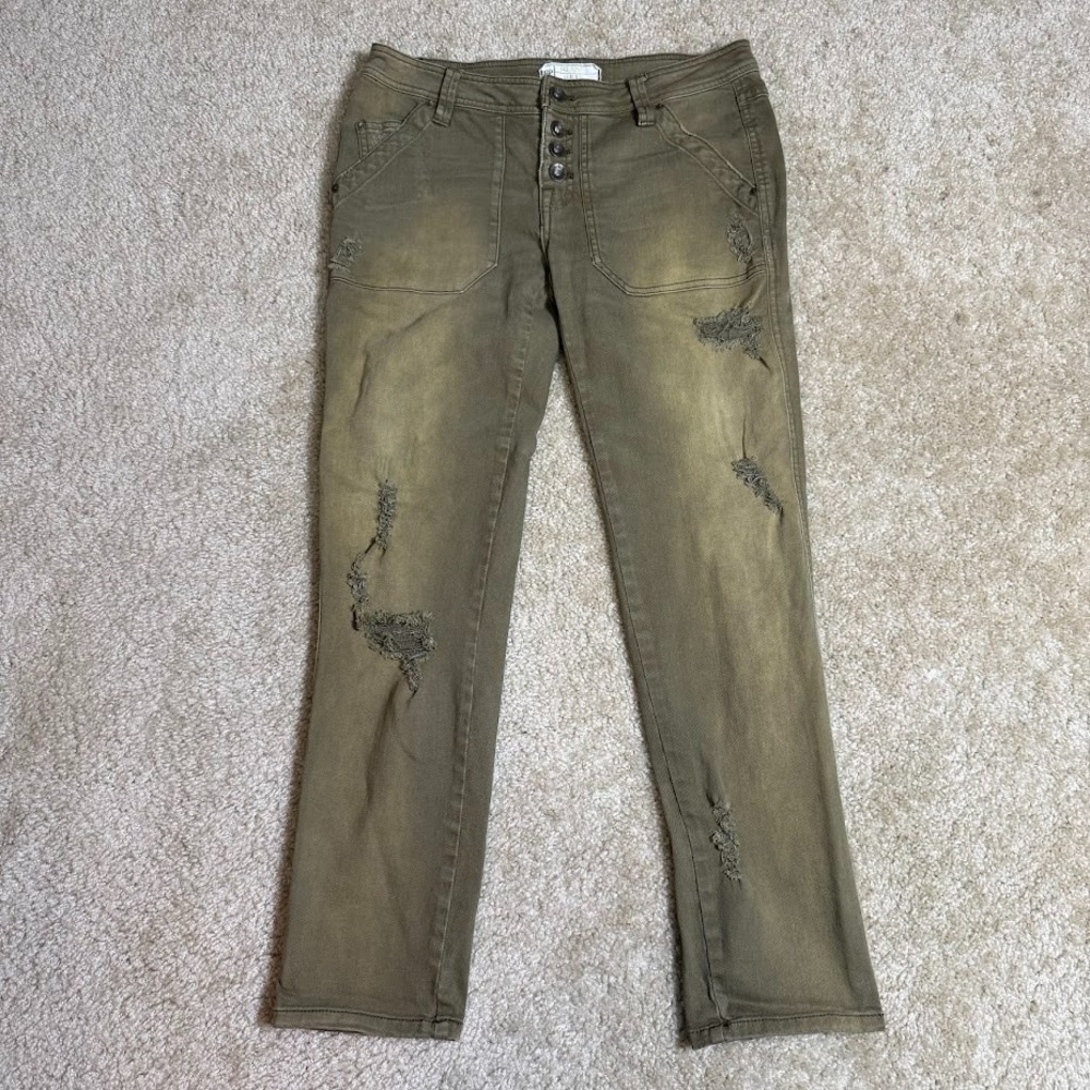 Free People Womens 0 Olive Distressed Utility Jeans Button Fly Flap Pockets